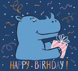 Rhinoceros with gift box birthday card cool design. Greeting post card template. Safari animal date of birth