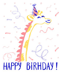 Giraffe birthday card cool design. Greeting post card template. Safari animal date of birth. Happy birthday