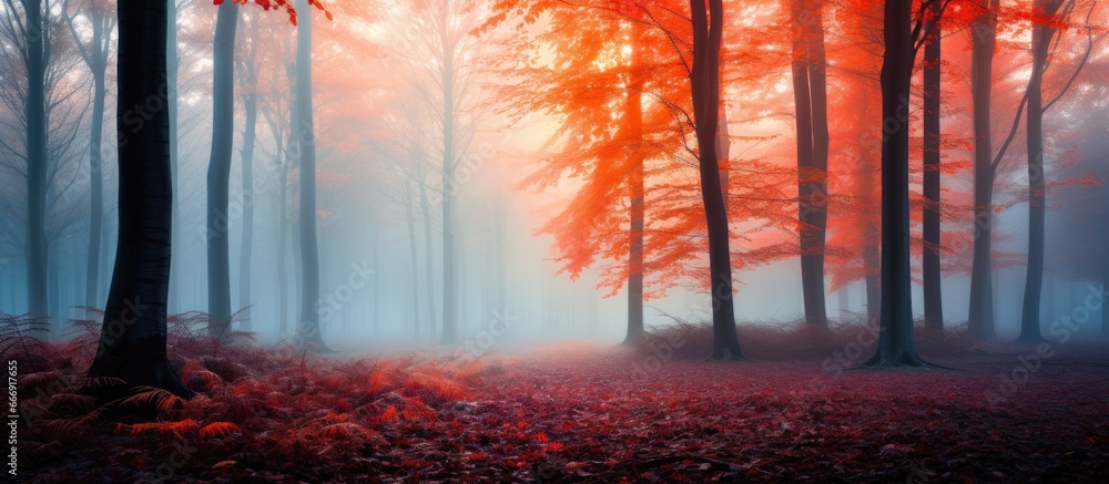 Poster Colorful autumn morning in a forest with fog in the background