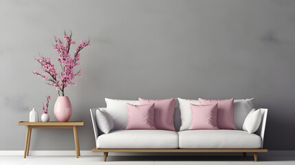 White sofa and armchair with pink cushions against grey wall. Scandinavian interior design of modern living room