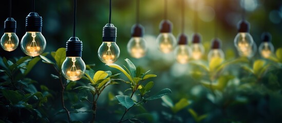 light bulbs with tree leaves as background - obrazy, fototapety, plakaty
