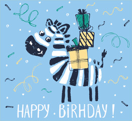 Zebra with gift box birthday card cool design. Greeting post card template. Safari animal date of birth.