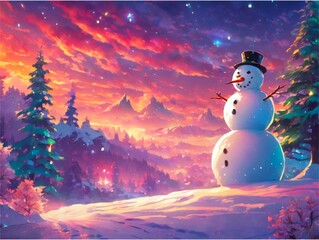 Obraz premium Snowman and Aurora Borealis Background 