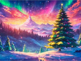 Fototapeta premium Snowman and Aurora Borealis Background 