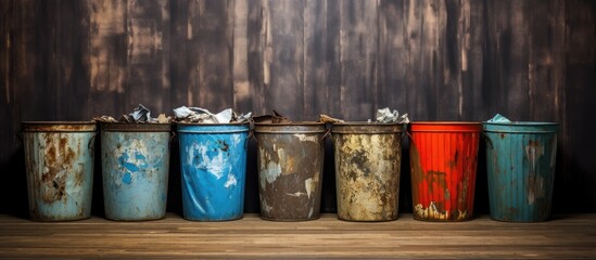 Image of worn metal trash bins with garbage - obrazy, fototapety, plakaty