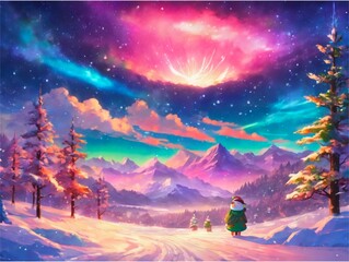 Snowman and Aurora Borealis Background 