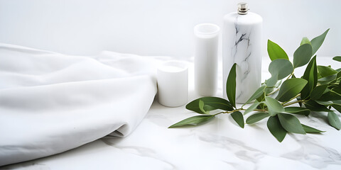 Fototapeta na wymiar Closeup lily flowers and a towel on a white background, Beautiful spa composition on massage table in wellness center, A branch of white lilac on a stone on a white fabric, generative ai 
