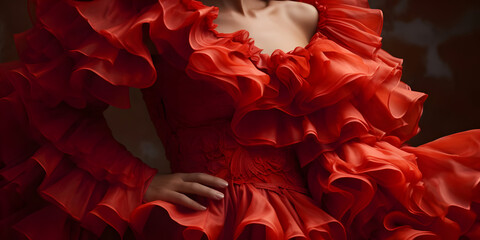 flamenco performance, Red frilly flamenco dress, flamenco dancer with red dress,  generative ai - obrazy, fototapety, plakaty