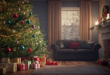 The background of the winter Christmas holiday with green fir branches and decorations, a Christmas tree and gifts in the interior.