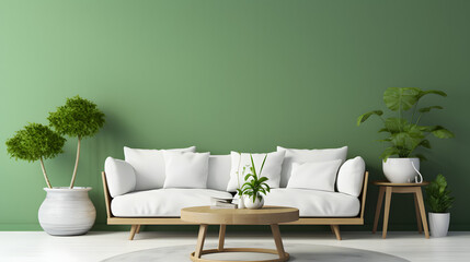  White sofa and round coffee table against green wall. Scandinavian interior design of modern stylish living room