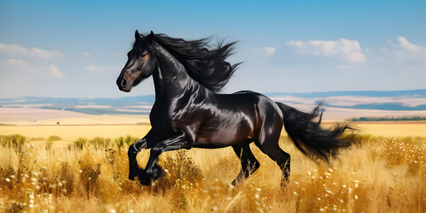 rearing black horse, Frisian Horse. Black gelding trotting on a pasture., Black horse runs on a green field on clouds, generative ai