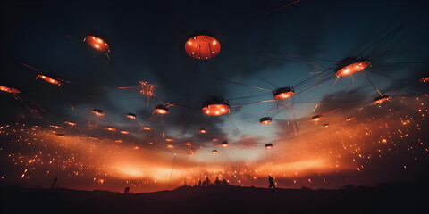 Flying lanterns in the night sky during the diwali festival, Moonlight Water, a beautiful city full of glowing lanterns at night,  generative ai  - obrazy, fototapety, plakaty