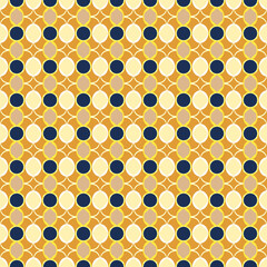 seamless repeating geometric pattern - circles and curved lines in navy blue, yellow, cream, and white on a burnt orange background - wallpaper
