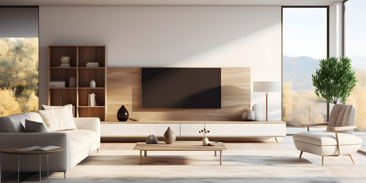 White sofa and tv unit in spacious room. Luxury home interior design of modern living room, panorama 