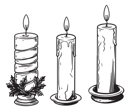 Christmas candles, hand drawn sketch. Symbol of Christmas and New Year.