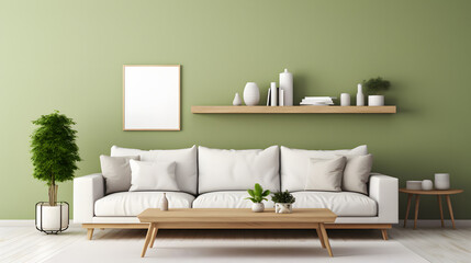 White sofa and wooden coffee table near green wall with empty mock up poster frame and wooden shelves. Scandinavian interior design of modern stylish living room