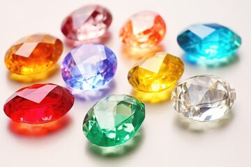 range of multicolored birthstones resting on a piece of white paper - obrazy, fototapety, plakaty
