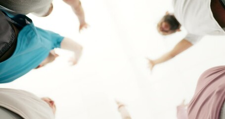 Hands stacked, fitness and group of people for teamwork, collaboration and community, workout motivation and support. Happy men and women with mission, goals and together in circle for exercise below