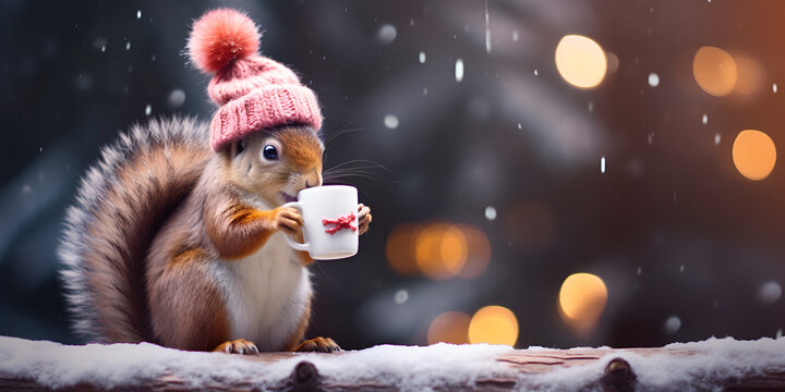 Sqaure Sitting in snow drinking tea ,squirrel, snow, tea, winter, woodland, wildlife, nature, animals, cute, cozy, seasonal,Squirrel with cup