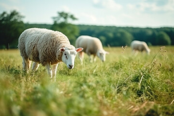 Horizontal shot of two white sheep walking and eating grass in a field during daylight, aesthetic look
