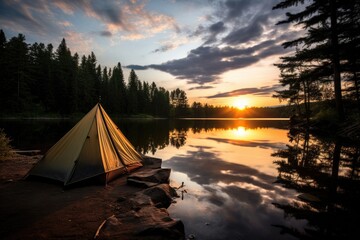 a pic of a tent set up beside a quiet lake