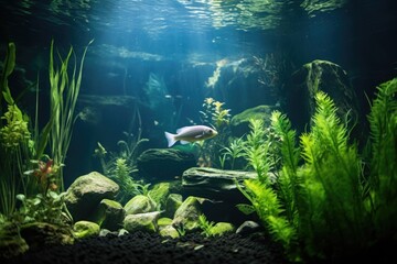 Fototapeta na wymiar a fish in an aquarium with plants that don胢t belong to its natural habitat