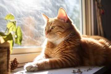 ginger cat enjoying a sunbeam by a window