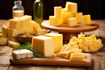 several blocks of cheese on a bright wooden table