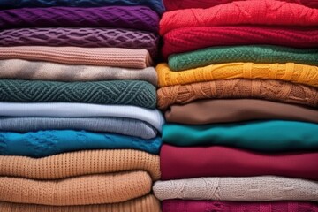 stack of finished knitwear in an orderly fashion - obrazy, fototapety, plakaty