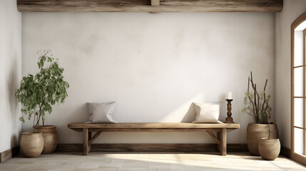 White stucco wall and ceiling with wooden beams in farmhouse hallway. Rustic style interior design of boho entrance hall in country house - Powered by Adobe