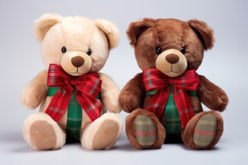 two identical teddy bears with different ribbon colors