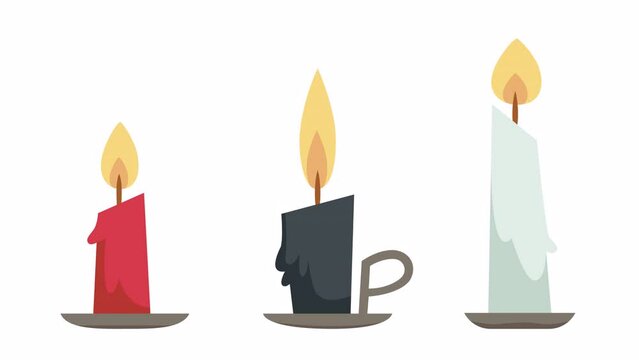 Different burning candles. Loopable animation video. 2D motion graphics with alpha channel.