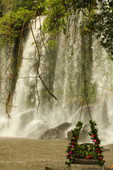 Vertical image of Waterfall on the Siem Reap River. Phnom Kulen, Cambodia - obrazy, fototapety, plakaty