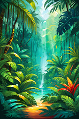 Fantasy Tropical Jungle Environment Colorful Vector Concept Art Illustration