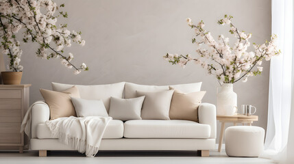 Wicker pot with blossom tree near beige sofa with many pillows and plaid. Scandinavian interior design of modern stylish living room - obrazy, fototapety, plakaty