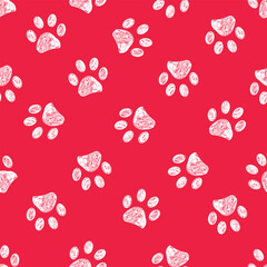 Christmas colored crimson cherry background colored white paw prints seamless pattern