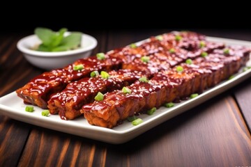 side view of tempeh ribs coated in bbq sauce on a rectangular plate