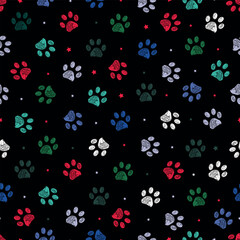Christmas theme with black background paw prints and stars seamless pattern - 666921624
