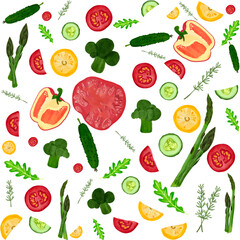 Fresh bright vegetables background for different printing, can be used for printing clothes, bed linen, and kitchen. print backgraund for menu, post card, gift card, cartoon. Hand draw vegetables
