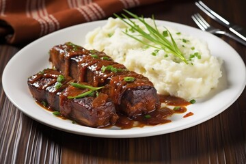 bbq tempeh ribs served with mashed potatoes, and complete with silverware
