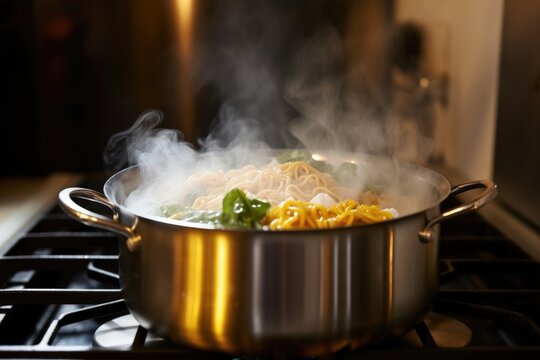 pasta boiling in a pot with steam rising