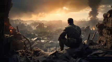Foto op Canvas Epic back view of WW2 soldier on the battlefield in a destroyed European town. World War II. © BOMB8