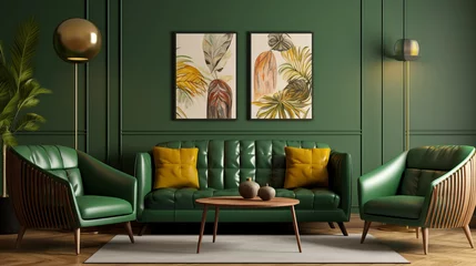 Foto op Plexiglas Green living room sofa design with decor. Modern interior layout idea concept © ReneBot/Peopleimages - AI