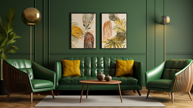 Naklejki Green living room sofa design with decor. Modern interior layout idea concept