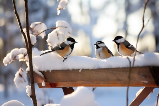 chickadees on a seasonal feeder in winter