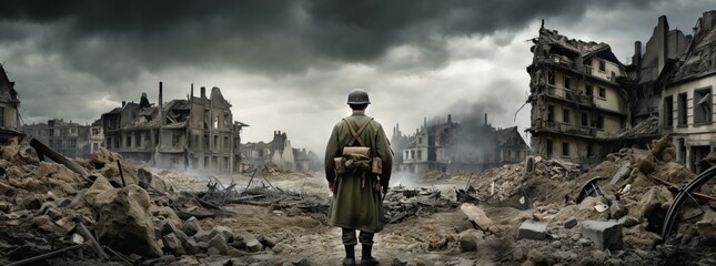 Epic back view of WW2 soldier on the battlefield in a destroyed European town. World War II.