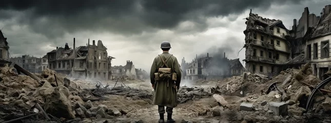 Fotobehang Epic back view of WW2 soldier on the battlefield in a destroyed European town. World War II. © BOMB8