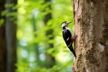 a woodpecker drilling into a tall trunk in a deciduous forest