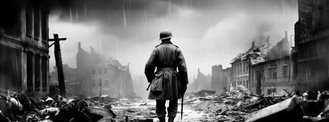 Epic back view of WW2 soldier on the battlefield in a destroyed European town. World War II. - obrazy, fototapety, plakaty