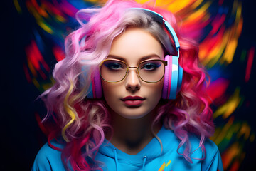 colourful portrait of A young woman wearing glasses and headphones on her head